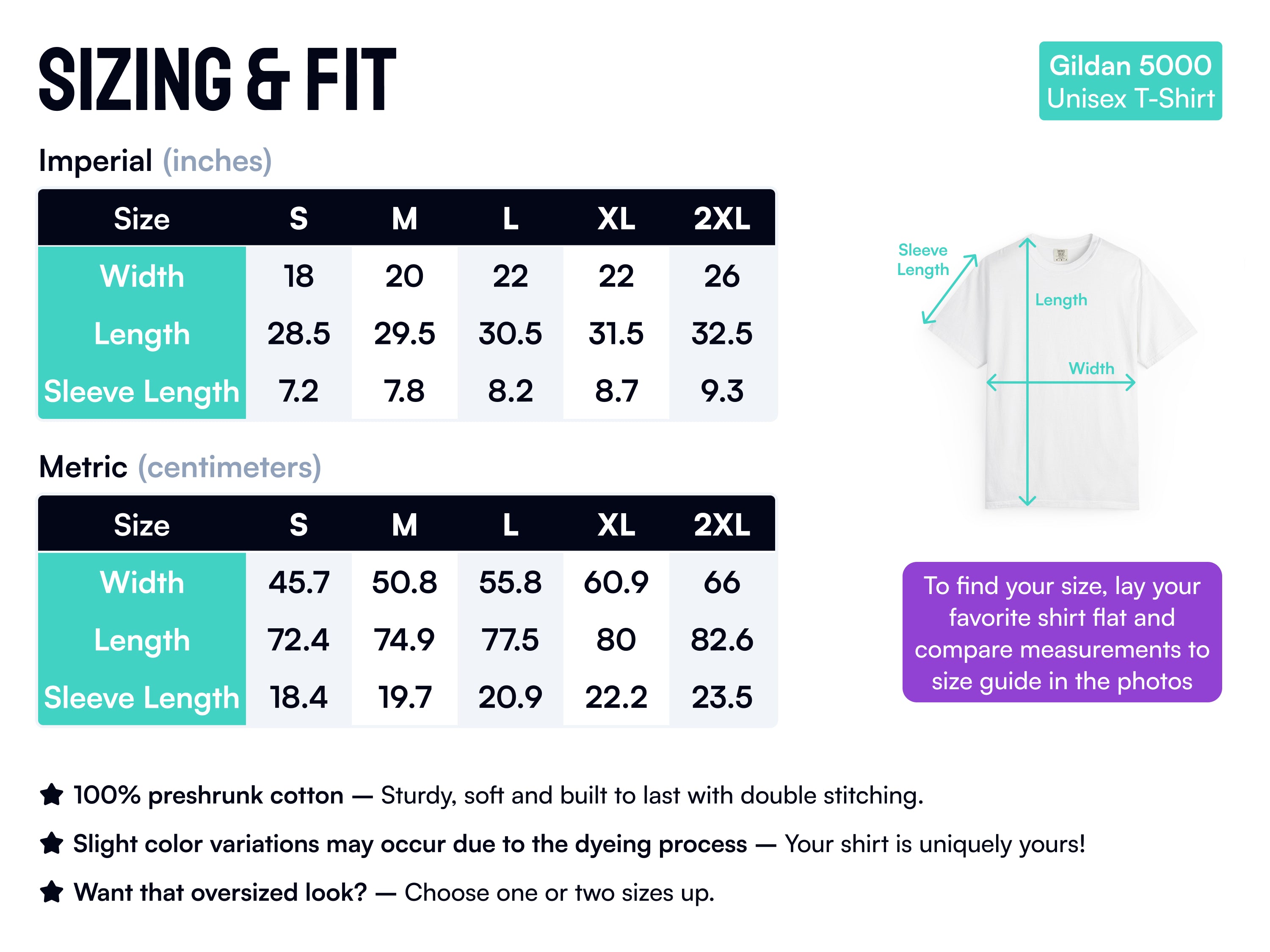 Gildan 5000 Unisex T-Shirt sizing and fit chart with measurements in inches and centimeters.